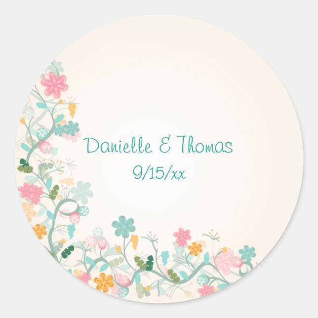 Sticker Rond Aquarelle Floral Rose Vert Turquoise Mariage (Devant)