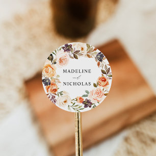 Sticker Rond Aquarelle Floral Rustique de Mariage d'Automne