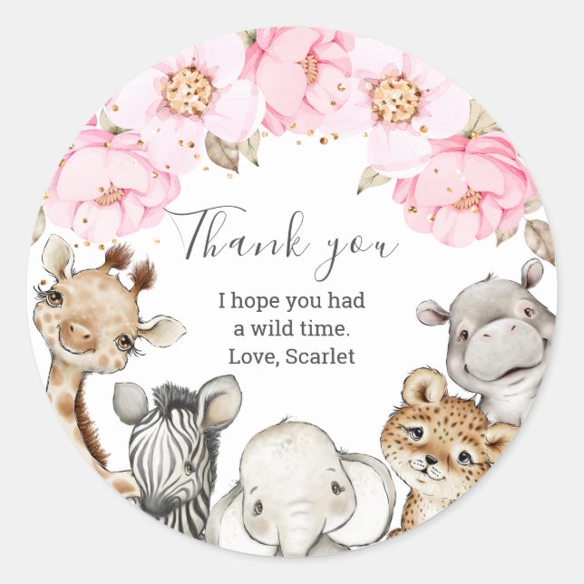 Sticker Rond Aquarelle Floral Safari Animaux Peony Anniversaire (Devant)