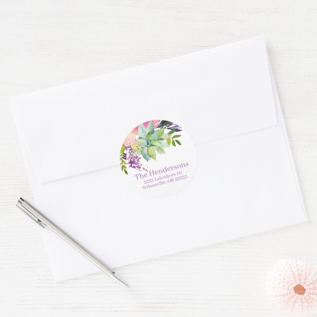 Sticker Rond Aquarelle Floral Succulent Boho Adresse de retour (Enveloppe)