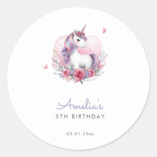 Sticker Rond Aquarelle Floral Unicorn Magique Anniversaire Favo