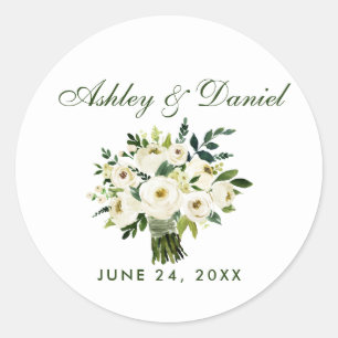 Sticker Rond Aquarelle Floral Vert Blanc Bouquet Mariage