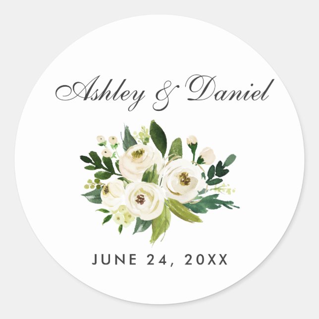 Sticker Rond Aquarelle Floral Vert et blanc Mariage (Devant)