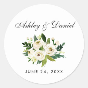 Sticker Rond Aquarelle Floral Vert et blanc Mariage