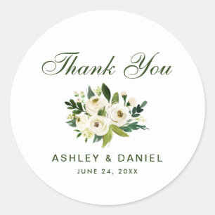 Sticker Rond Aquarelle Floral Vert Mariage blanc Merci Gr