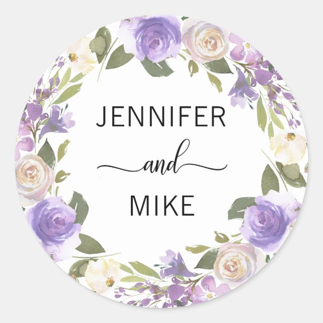 Sticker Rond Aquarelle Floral Wreath Lavender Lilac Mariage (Devant)