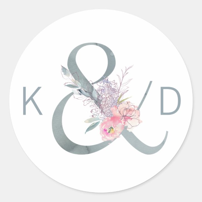 Sticker Rond Aquarelle Florale Ampersand et Mariage de monogram (Devant)