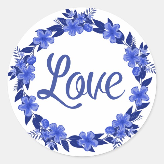 Sticker Rond Aquarelle Florale Bleu & Blanc Fleur Wreath (Devant)