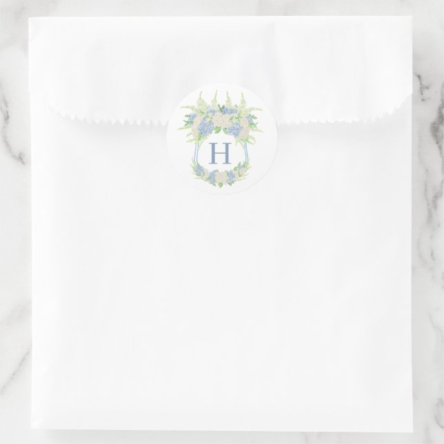 Sticker Rond Aquarelle Florale Bleu & Blanc Hydrangea Crest (Sac)