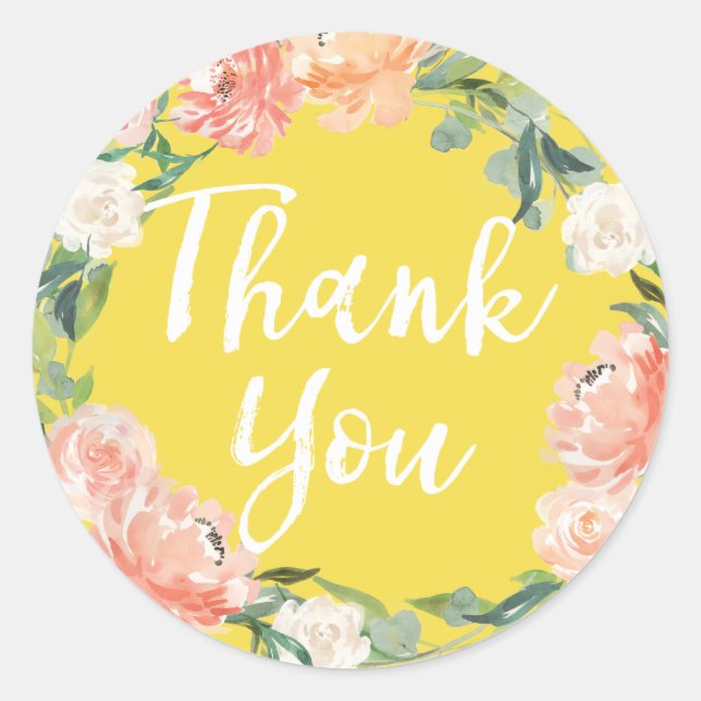 Sticker Rond Aquarelle florale bleu printemps Merci jaune (Devant)