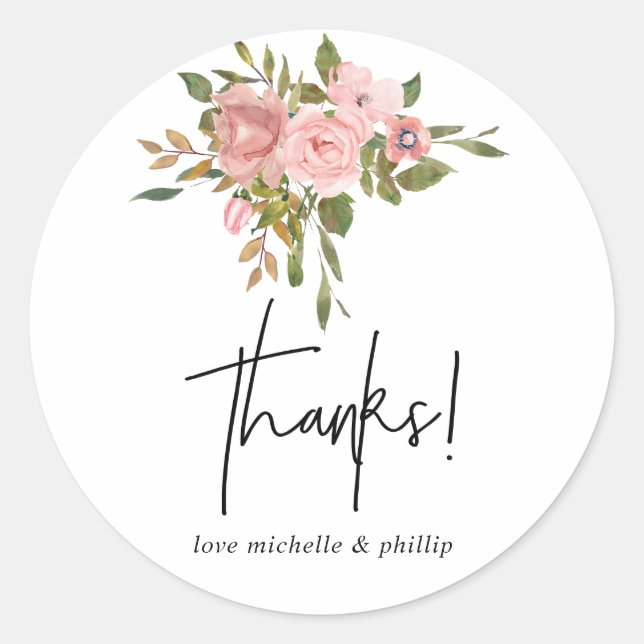 Sticker Rond Aquarelle florale Blush et Merci Rose or (Devant)