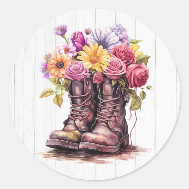 Sticker Rond Aquarelle Florale Boots et rustique Grange Bois (Devant)