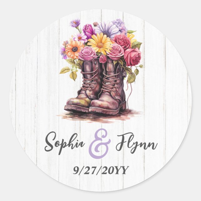 Sticker Rond Aquarelle Florale Boots & Mariage de bois de grang (Devant)