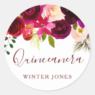 Sticker Rond Aquarelle Florale Bourgogne Quinceanera Party Favo
