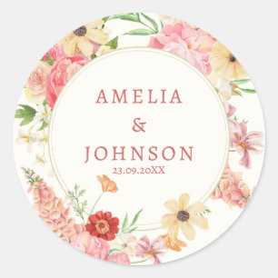 Sticker Rond Aquarelle florale crème au beurre nom du mariage