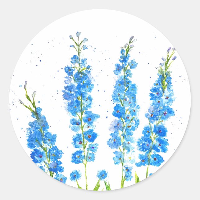 Sticker Rond Aquarelle florale de delphinium bleu élégant rusti (Devant)
