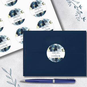 Sticker Rond Aquarelle florale élégante marine et bleu poussiér