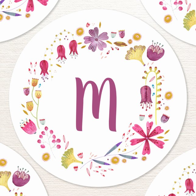 Sticker Rond Aquarelle florale monogramme (Personalized monogram initials watercolor wildflower wreath sticker)