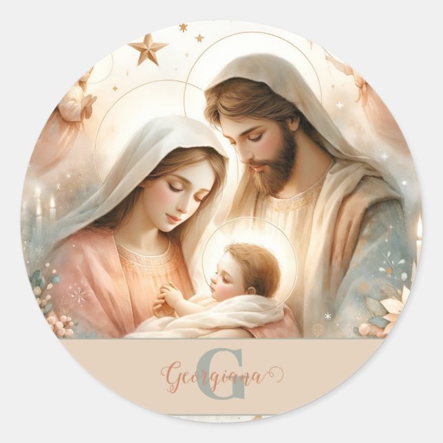 Sticker Rond Aquarelle florale personnalisée Bébé Jésus Nativit (Devant)