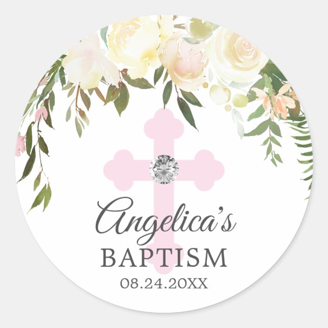 Sticker Rond Aquarelle Florale rose Baptême d'ivoire Christenin (Devant)