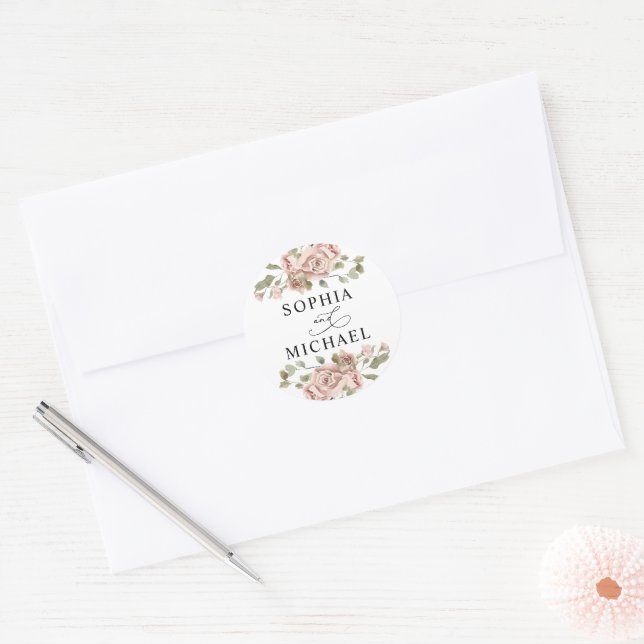 Sticker Rond Aquarelle florale rose pâle Couple Noms Mariage (Enveloppe)