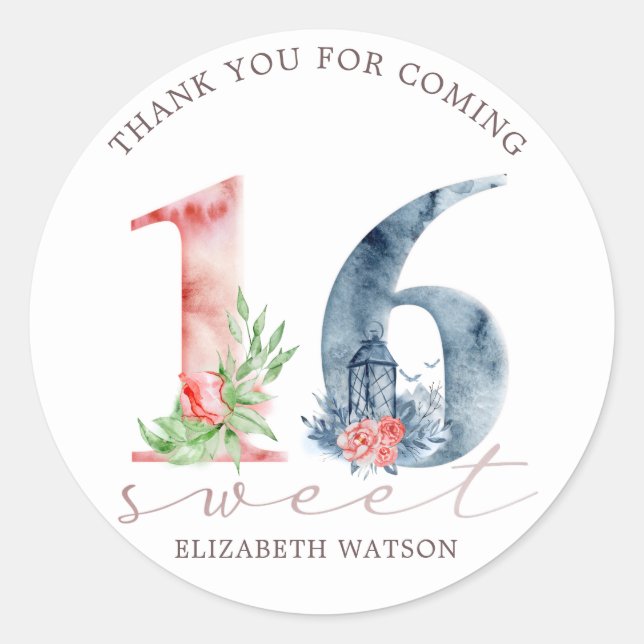 Sticker Rond Aquarelle florale script élégant sweet sixteen (Devant)