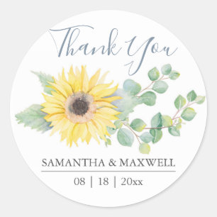 Sticker Rond Aquarelle Florale Tournesol Jaune Merci