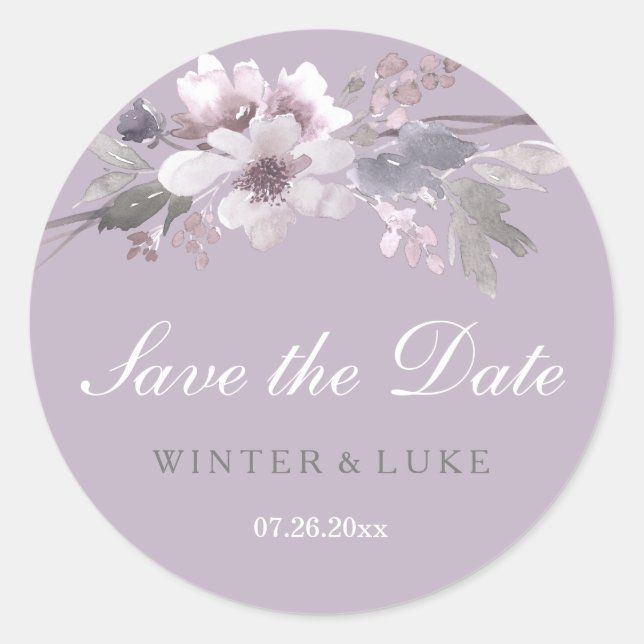 Sticker Rond Aquarelle florale violet Enregistrer la date Stick (Devant)