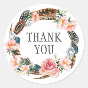 Sticker Rond Aquarelle Florale Wreath avec plumes   MERCI