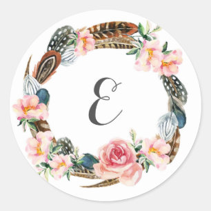 Sticker Rond Aquarelle Florale Wreath avec plumes   Monogramme