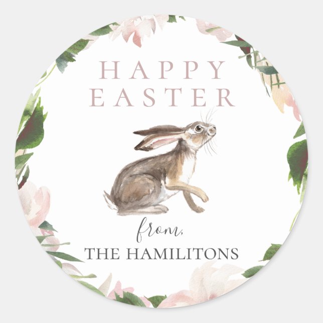 Sticker Rond Aquarelle Florale Wreath Lapin de Pâques (Devant)