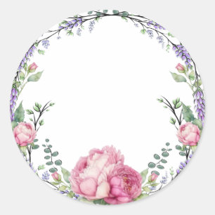 Sticker Rond Aquarelle florales roses lavande eucalyptus