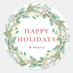 Sticker Rond Aquarelle Folio de Noël & Wreath Holly