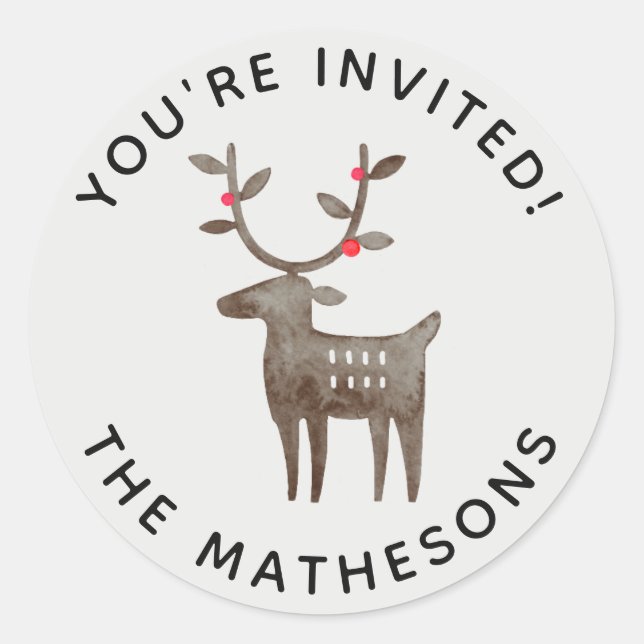 Sticker Rond Aquarelle Folk Art Reindeer Invitation Sceau (Devant)