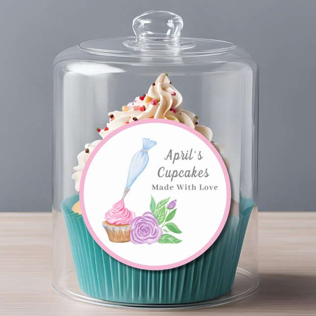 Sticker Rond Aquarelle Frosting Cupcake Fabriqué Avec Amour (Créateur téléchargé)