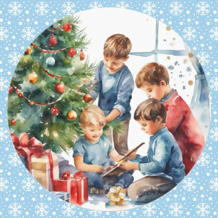 Sticker Rond Aquarelle Garçons Noël Matin Scène nostalgique