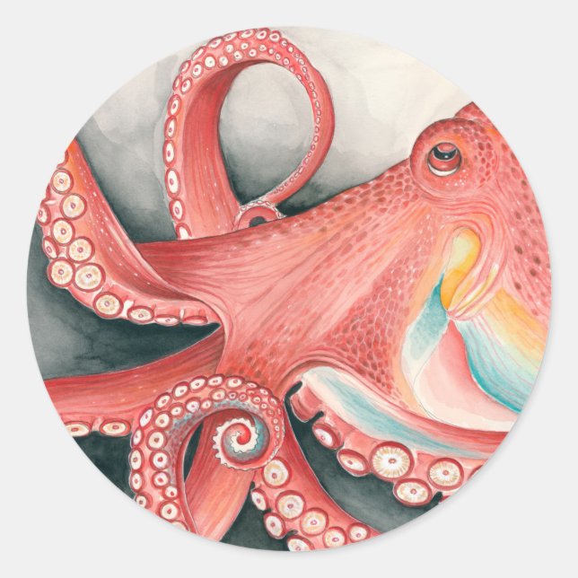 Sticker Rond Aquarelle géante Rouge Pacifique Octopus (Devant)