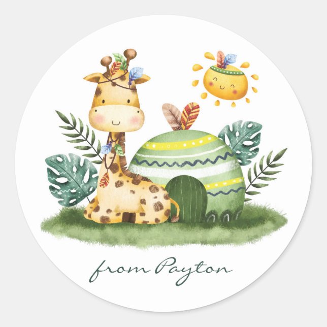 Sticker Rond Aquarelle Giraffe Tribal Safari Anniversaire (Devant)