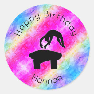 Sticker Rond Aquarelle Girls Gymnastique Vault "Happy Birthday"