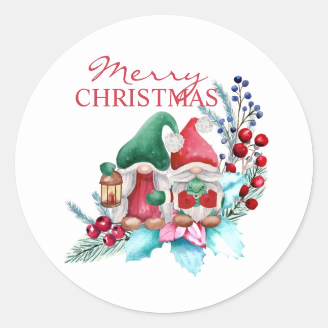 Sticker Rond Aquarelle Gnomes Avec Casquette Rouge Et Vert (Devant)