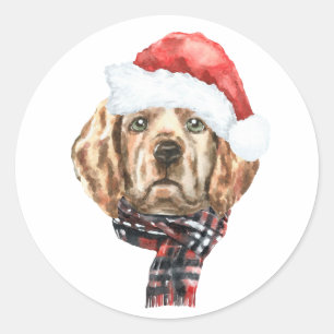 Sticker Rond Aquarelle Golden Retrier Père Noël Noël