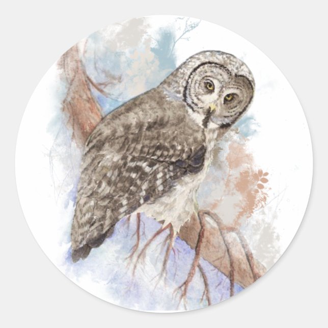 Sticker Rond Aquarelle Grande Chouette gris Oiseau Nature Art (Devant)