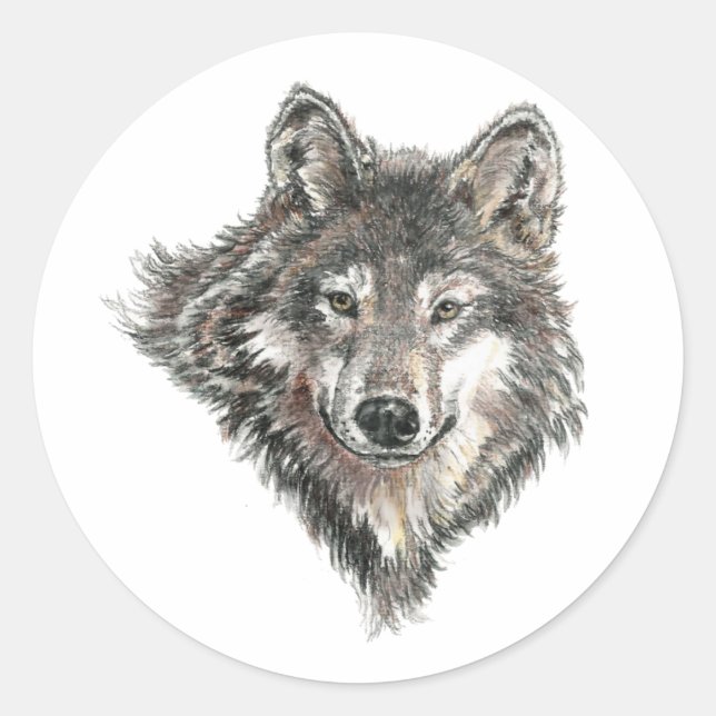 Sticker Rond Aquarelle Gris Loup Logo Animal Nature loups (Devant)