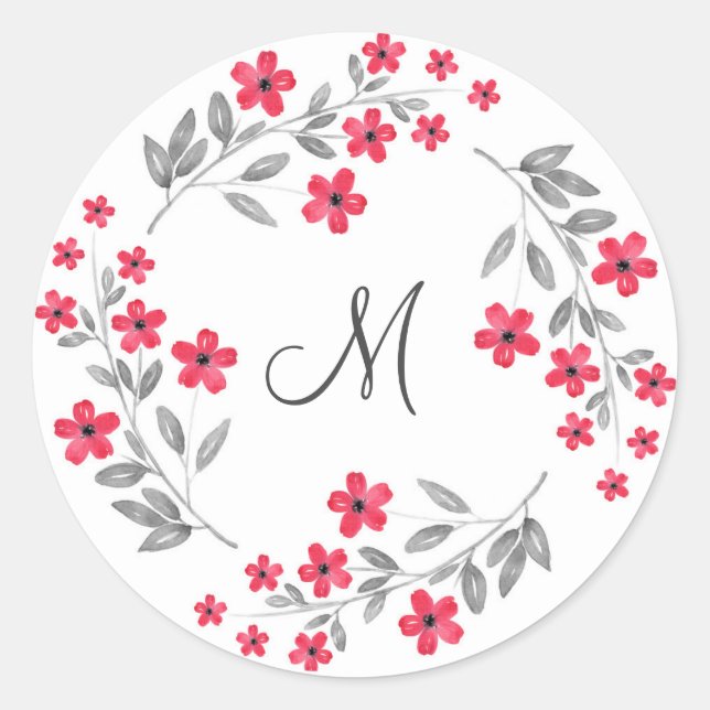 Sticker Rond Aquarelle gris rouge Fleur Wreath (Devant)