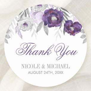 Sticker Rond Aquarelle gris violet Fleurs Mariage Merci