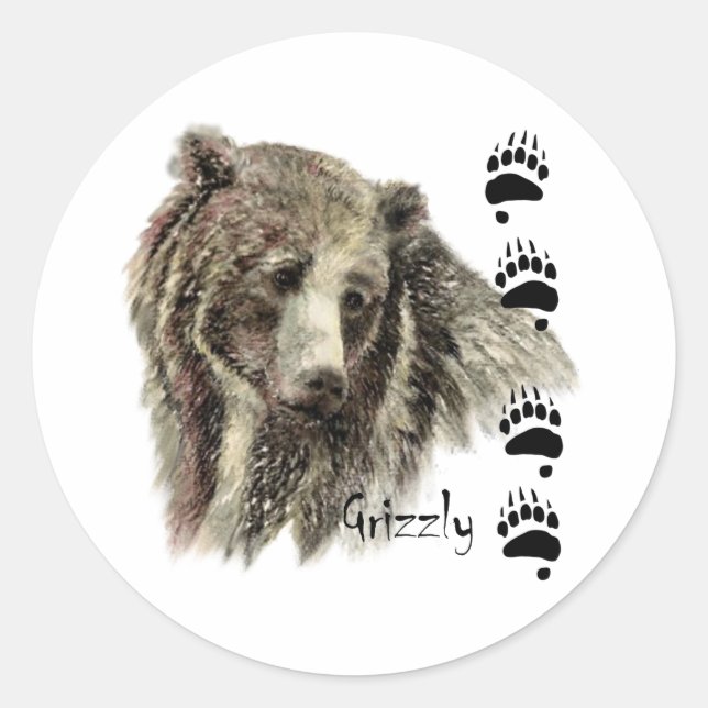 Sticker Rond Aquarelle Grizzli Ours Faune Nature Art (Devant)