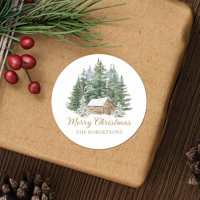 Sticker Rond Aquarelle hiver Russe Bois Cabine Noël (Créateur téléchargé)