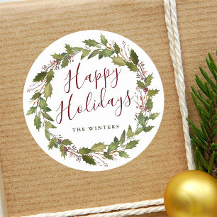 Sticker Rond Aquarelle Holly Berry Wreath Joyeuses vacances