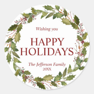 Sticker Rond Aquarelle Holly Feuilles Wreath Noël