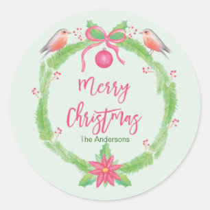Sticker Rond Aquarelle Holly Wreath "Joyeux Noël"